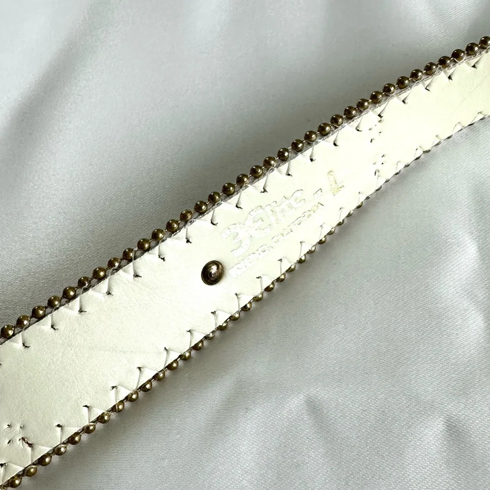 Vintage early 1990s Synthetic Jewel Embellished White Leather Waist Belt -Large